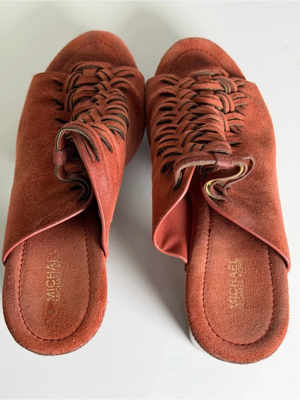 Michael Kors Women’s Sz 9 Rust Suede Woven Studded Platform Clog Heel Sandals